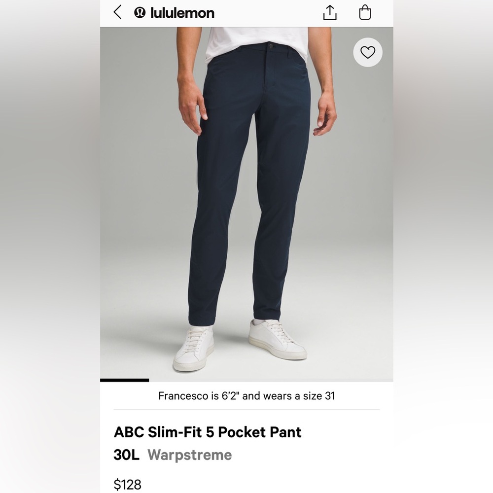 Lululemon ABC Slim Fit 5 Pocket Pant 34w 34l - Navy